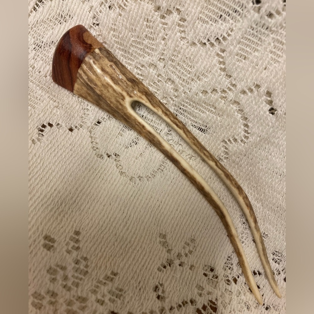 Antler Carved Wood Topped 6” Hair-fork by Grahtoe Studios